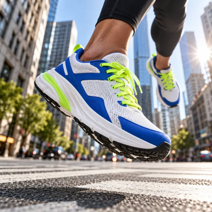 sneaker frozen mid-air above a city crosswalk, low angle