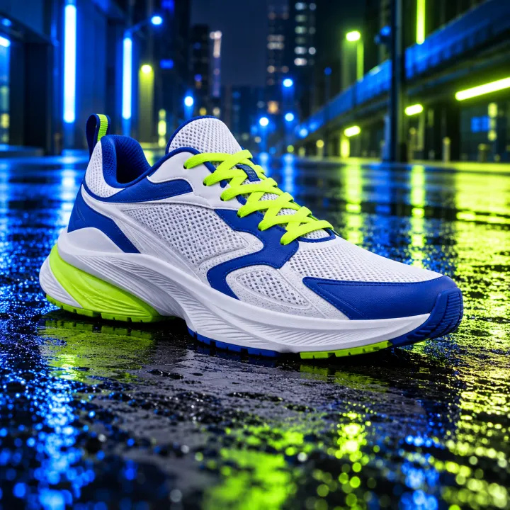 sneaker on wet asphalt at night, blue and lime neon reflections
