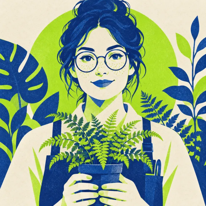 flat vector portrait: a botanist with a small potted fern
