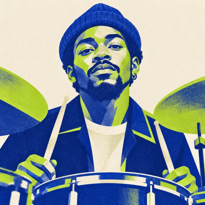 flat vector portrait: a jazz drummer in a beanie