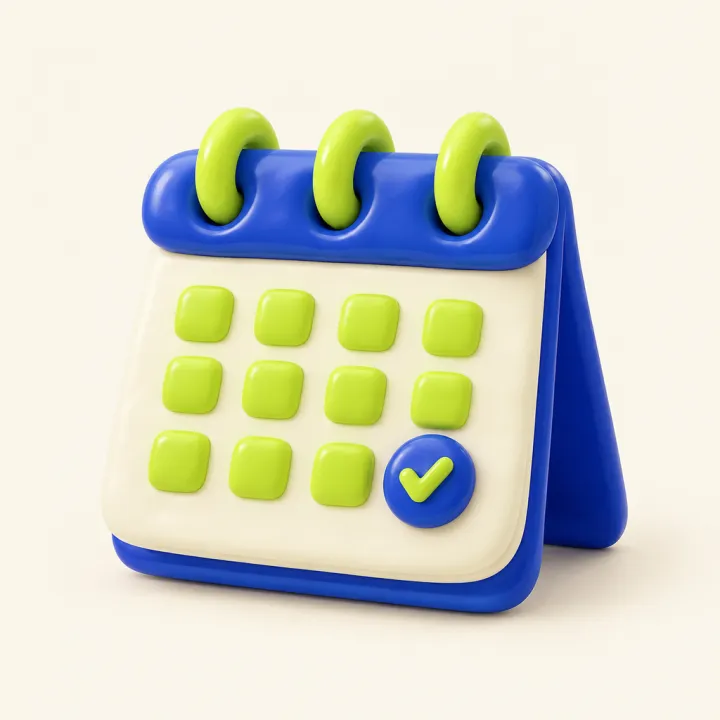 cute 3D clay icon, glossy blue and lime: a desk calendar