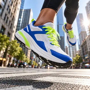 sneaker frozen mid-air above a city crosswalk, low angle