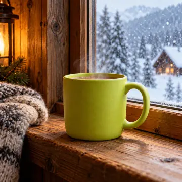 a matte lime mug on a cabin window sill, snow falling outside