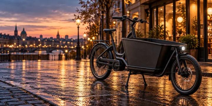 Product line × scenes — a matte black electric cargo bike · on a wet city street at dusk with glowing shop windows