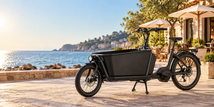 Product line × scenes — a matte black electric cargo bike · in front of a sunny seaside café in the morning