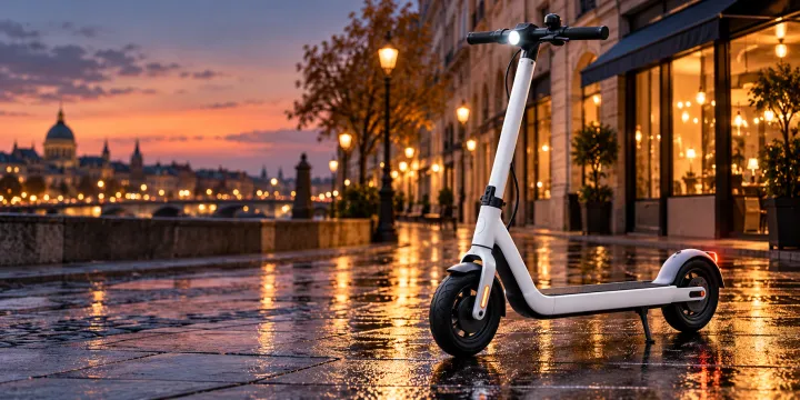 Product line × scenes — a compact white city e-scooter · on a wet city street at dusk with glowing shop windows