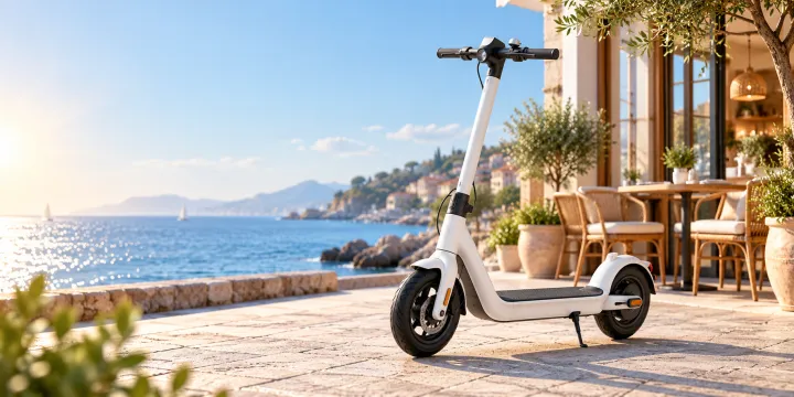 Product line × scenes — a compact white city e-scooter · in front of a sunny seaside café in the morning